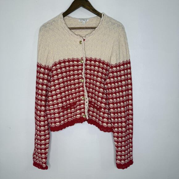 J Crew Sweater Womens XL Red Crochet Textured Knit Cardigan Classic Money Preppy - Picture 1 of 8